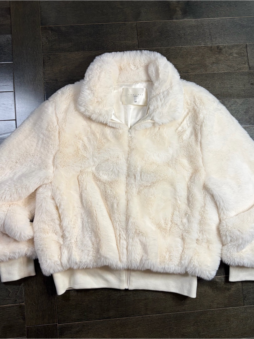 LilyLikes Cream Faux Fur Bomber Jacket Women’s Size L Cozy Zip-Up Winter Coat